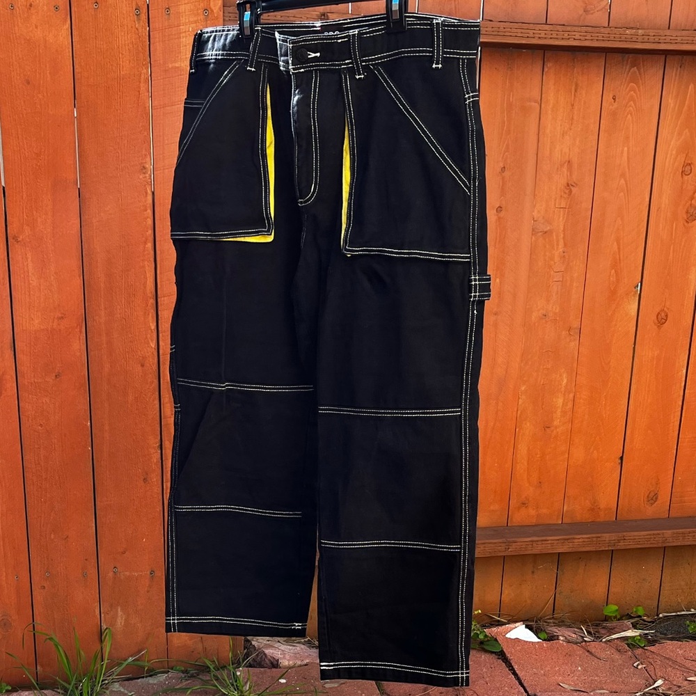Urban Outfitters Black Contrast Stitch Baggy Cargo Pants with Yellow Accents